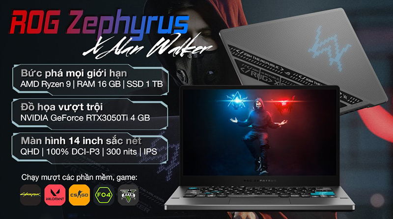 Laptop Asus ROG Zephyrus G14 Alan Walker mỏng nhẹ 1,7KG dưới 45 triệu
